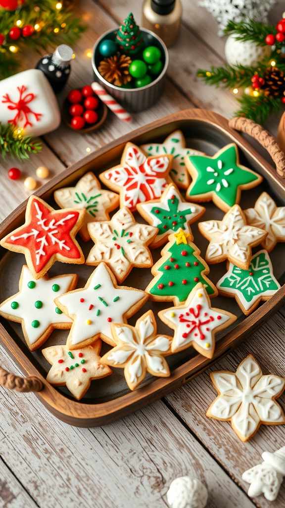 A colorful Christmas cookie tray featuring soft cut out sugar cookies in festive shapes, decorated with icing and sprinkles.